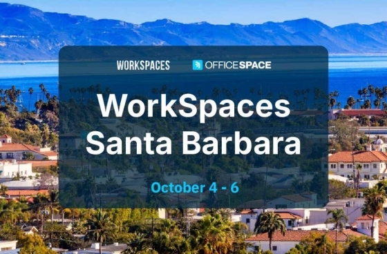 Event announcement for WorkSpaces Santa Barbara, hosted by OfficeSpace, happening October 4-6. The background shows a scenic view of Santa Barbara with palm trees, buildings, and mountains.