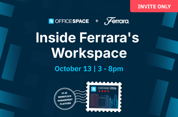 Event graphic for Inside Ferraras Workspace by OfficeSpace and Ferrara, October 13, 3–8pm. Includes Invite Only label, and a stamp illustration labeled #1 AI Workplace Management Platform..