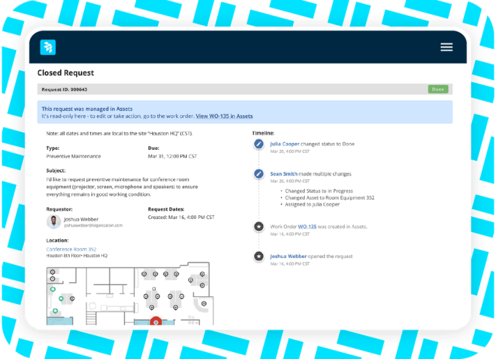 Software dashboard showing the details of a closed work order for preventive maintenance in a conference room, including a floor plan, timeline, and requestor information.