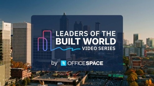 A cityscape featuring tall buildings and traffic, overlaid with a translucent box that reads Leaders of the Built World Video Series by OfficeSpace.