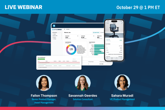 Webinar promo: asset management dashboard and mobile screens are shown. Fallon Thompson, Savannah Geerdes, and Sahara Muradi are featured speakers. Event is October 29 at 1 PM ET. Blue background with geometric pattern.
