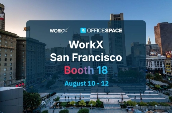 A cityscape of San Francisco at sunset with text overlay: WorkX San Francisco, Booth 18, August 10-12 and logos for WorkX and OfficeSpace. The background shows downtown buildings and an urban square.