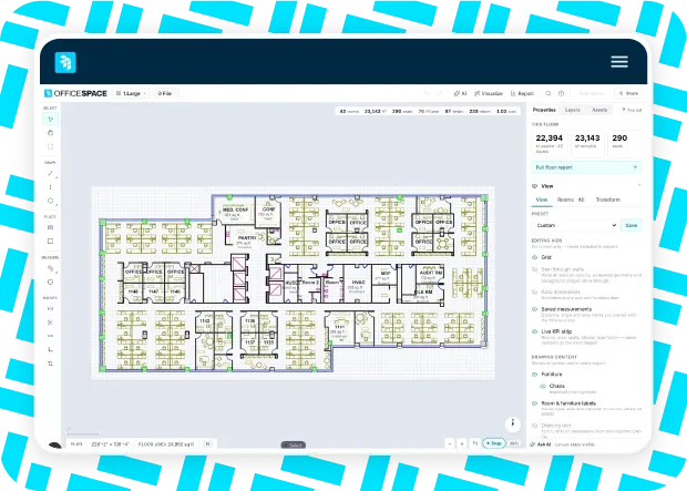 A digital office floor plan displayed on a computer screen, showcasing an intelligent workplace with labeled rooms, dimensions, and workspace layouts, while properties and measurements are conveniently listed in a sidebar on the right.