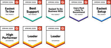 Eight G2 award badges labeled Spring 2026 including Easiest To Use, Best Support, Easiest To Do Business With, Users Most Likely To Recommend, Easiest Setup, High Performer, Leader (Mid-Market), and Leader (Enterprise).
